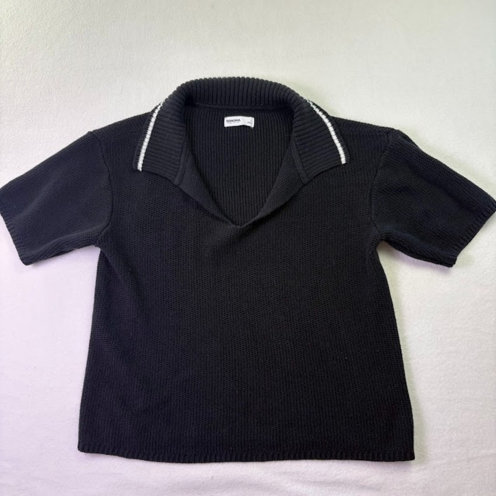 Sonoma Women's Ribbed Sweater Black Size Large Short Sleeve‎ Collared